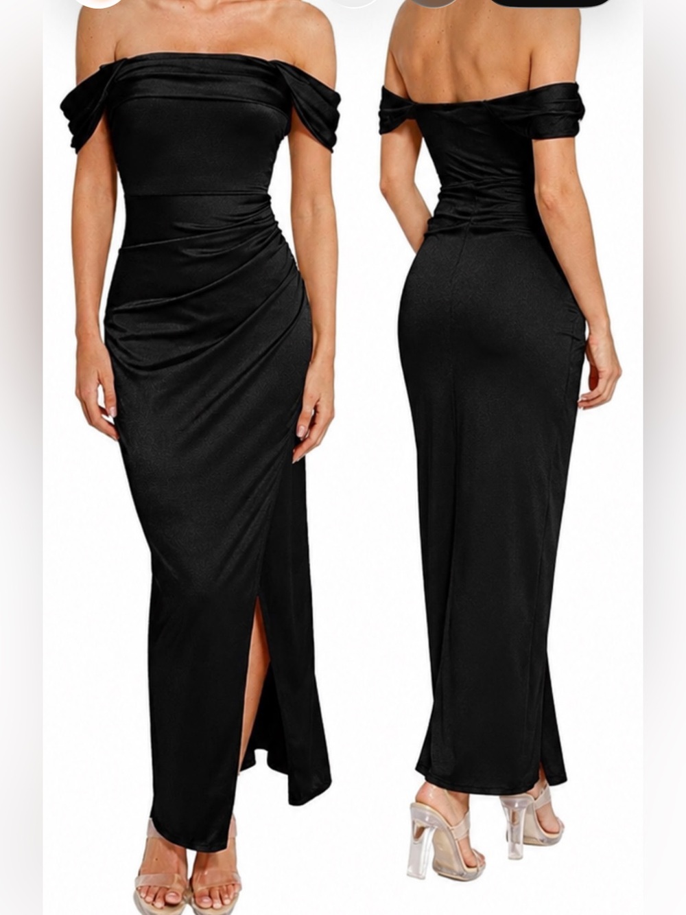 NWT Polpilush Black Off Shoulder
Ruched Maxi Dress Slit Glam Wedding Guest Gown